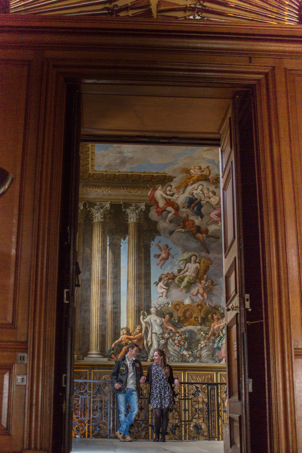 Pre Wedding shoot Hampton Court Palace Couple on Kings Staircase at Hampton Court Palace