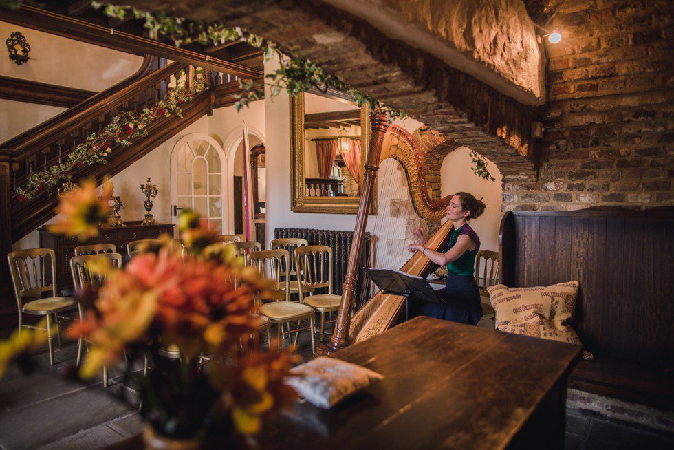 Ellen Sith plays the harp at a Broyle Place wedding