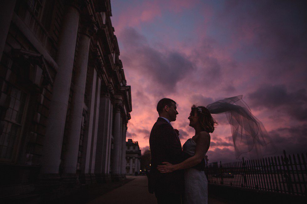Bride and groom outside the Royal Naval College in Greenwich.