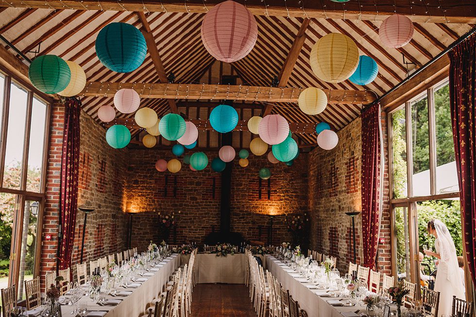 Hanging lanterns at Bartholomew Barn wedding
