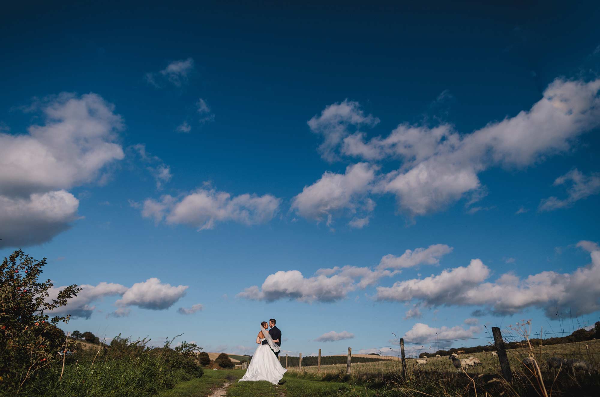 Bride and groom portrait under big blue sky at Upwaltham Barns