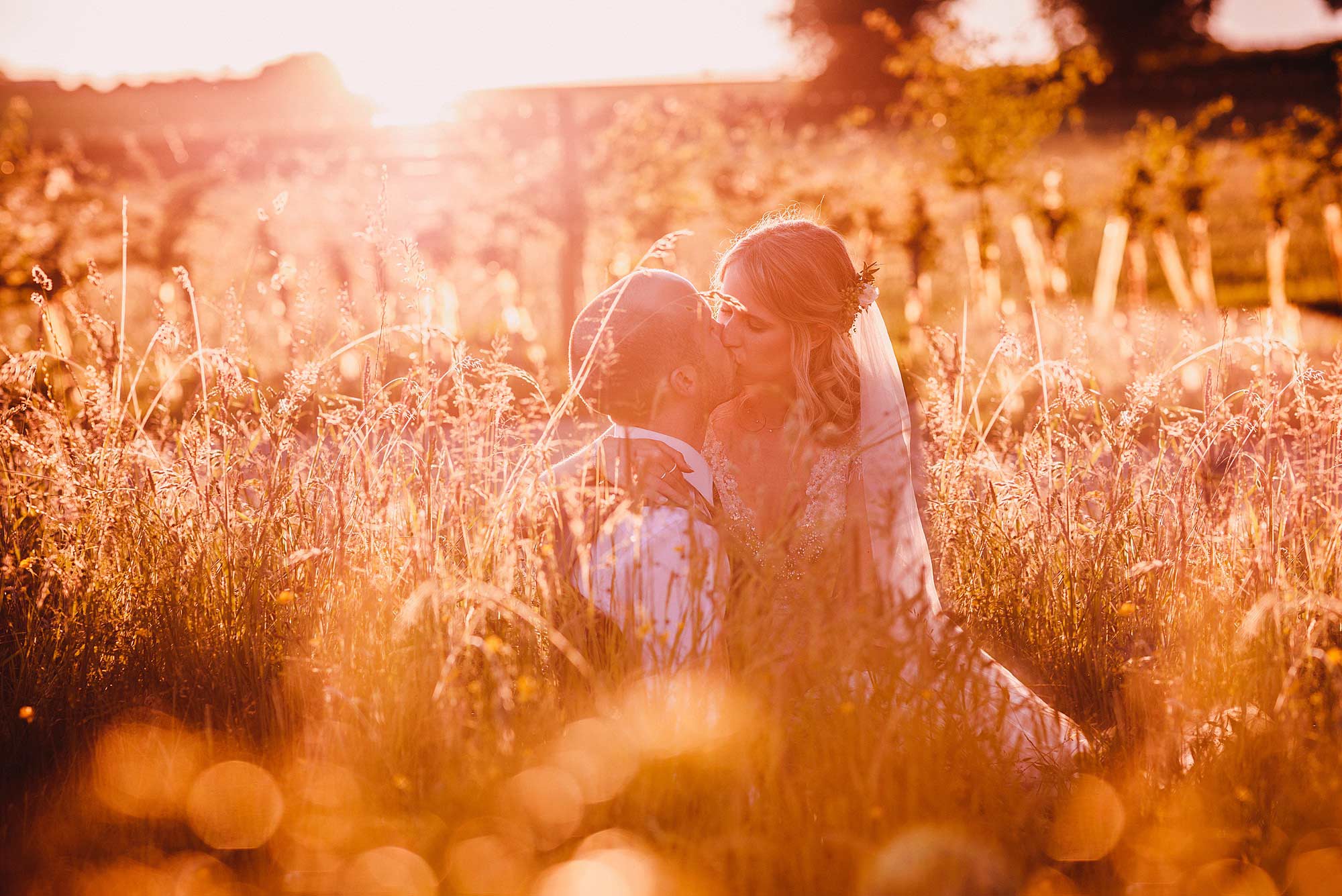 Bride and groom kissing in the grass at golden hour 
