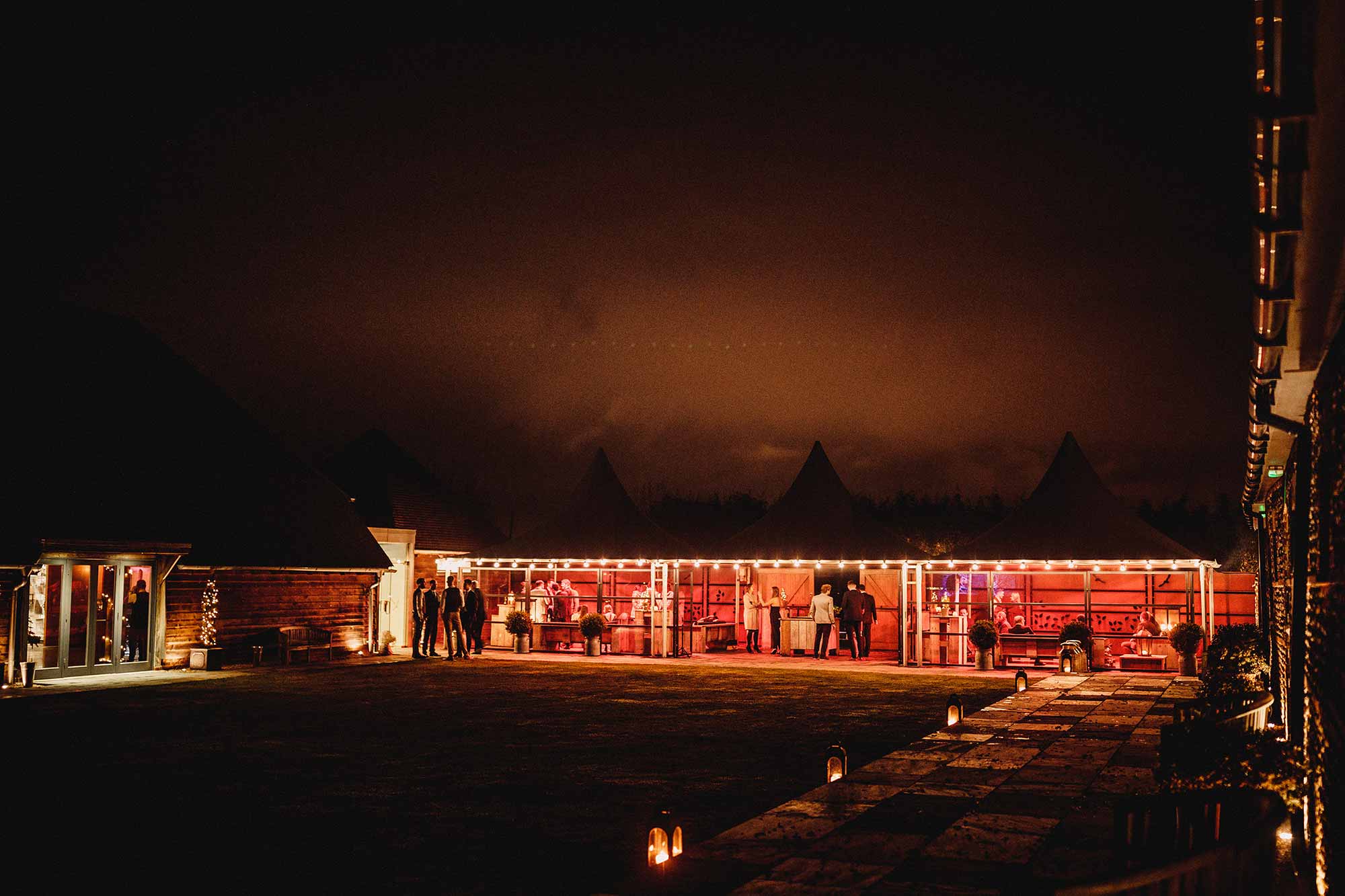 Southend Barns wedding reception late evening under a glowing sky