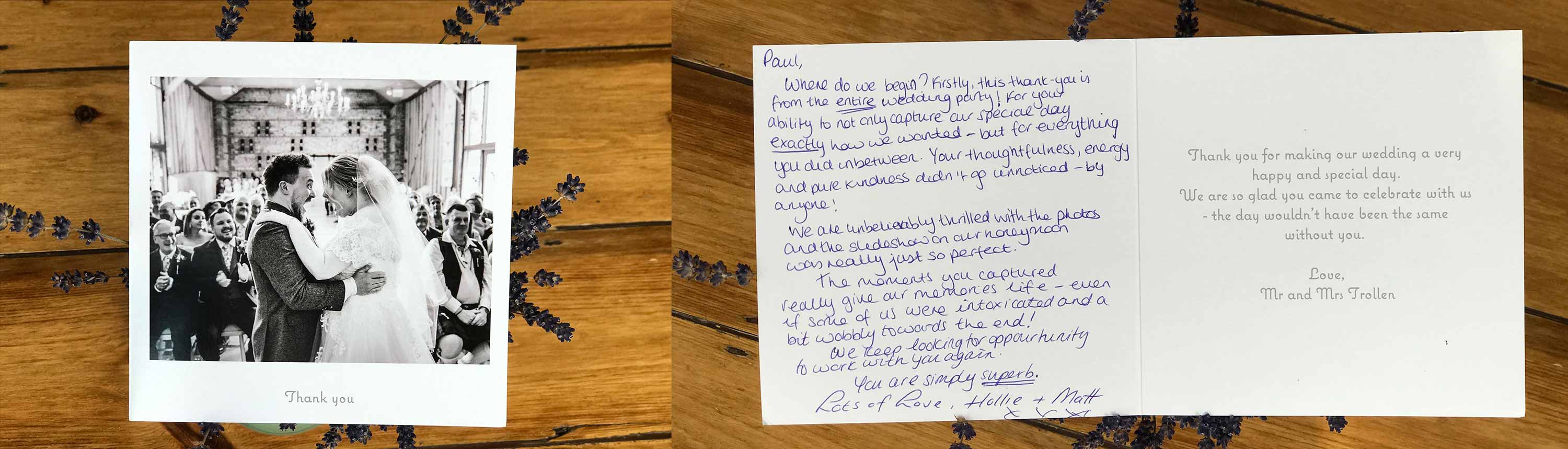 thank you card for wedding at Upwaltham Barns