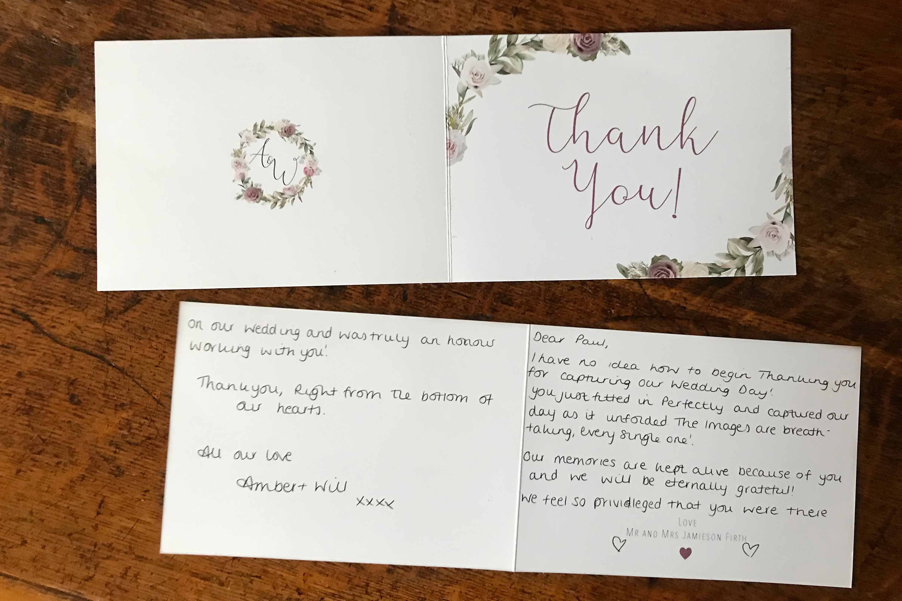 Thank you card for wedding at the Tithe Barn in Petersfield