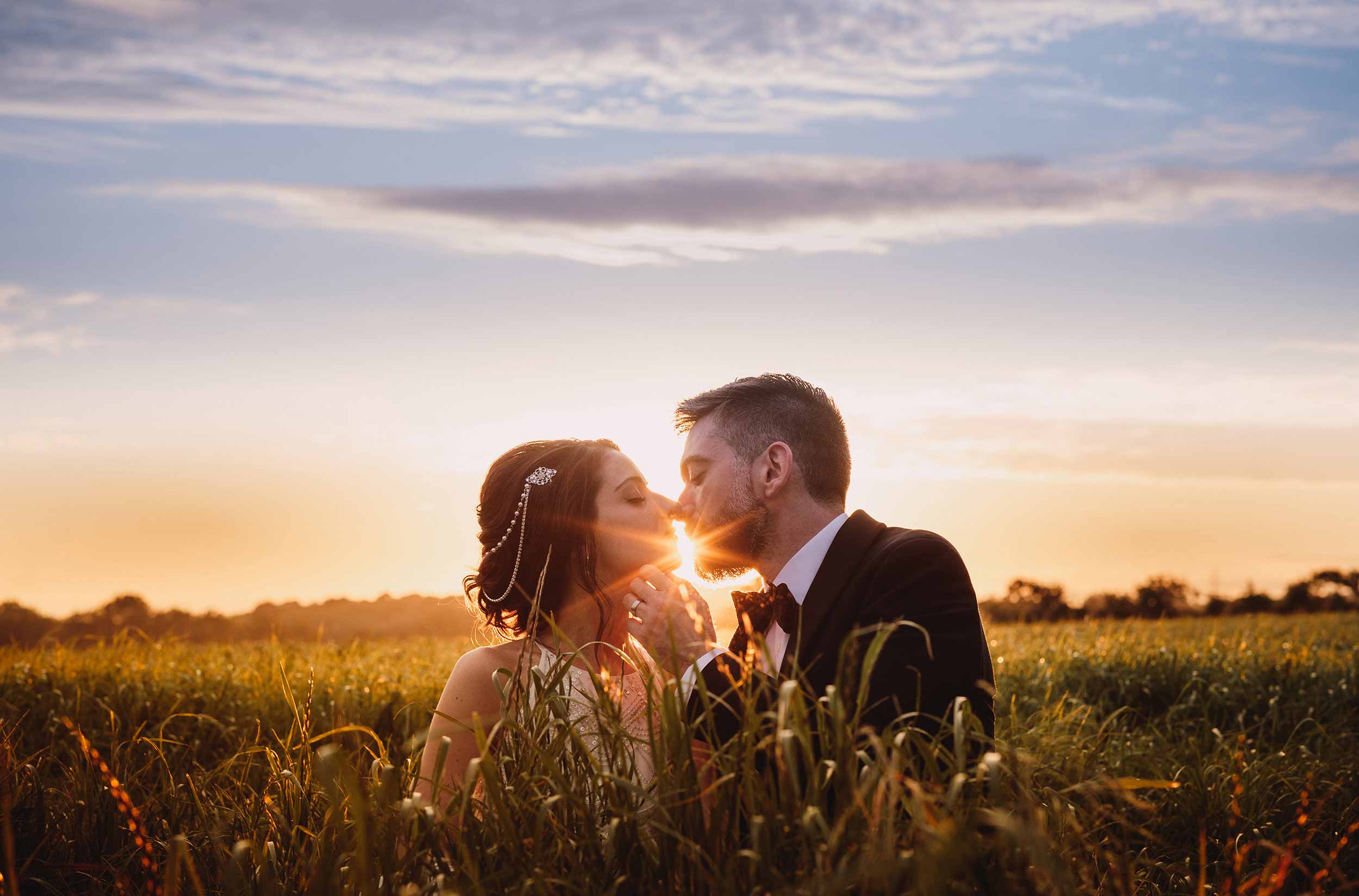 bride and groom sunset grittenham barn