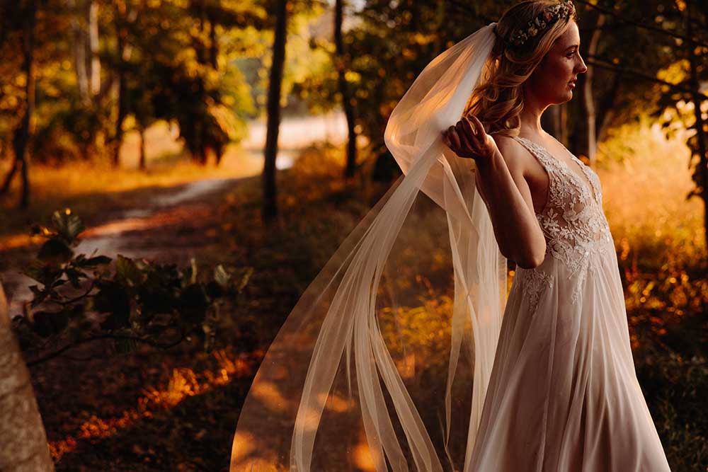 golden hour bride at Cissbury Barns 