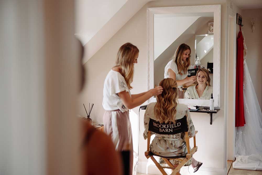 Bride preparations at Brookfield Barn