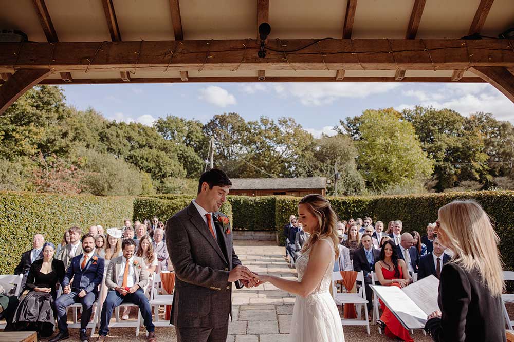 Outside wedding ceremony at Brookfield Barn